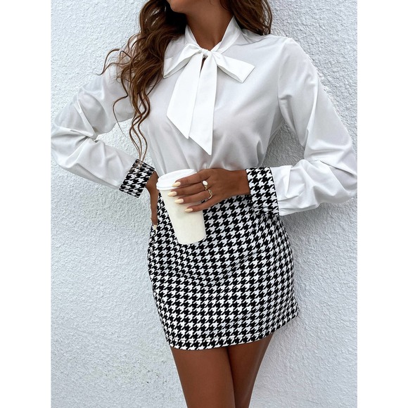 2 piece set: Tie Neck Top white long sleeve blouse & Houndstooth mini Skirt set - Picture 3 of 5